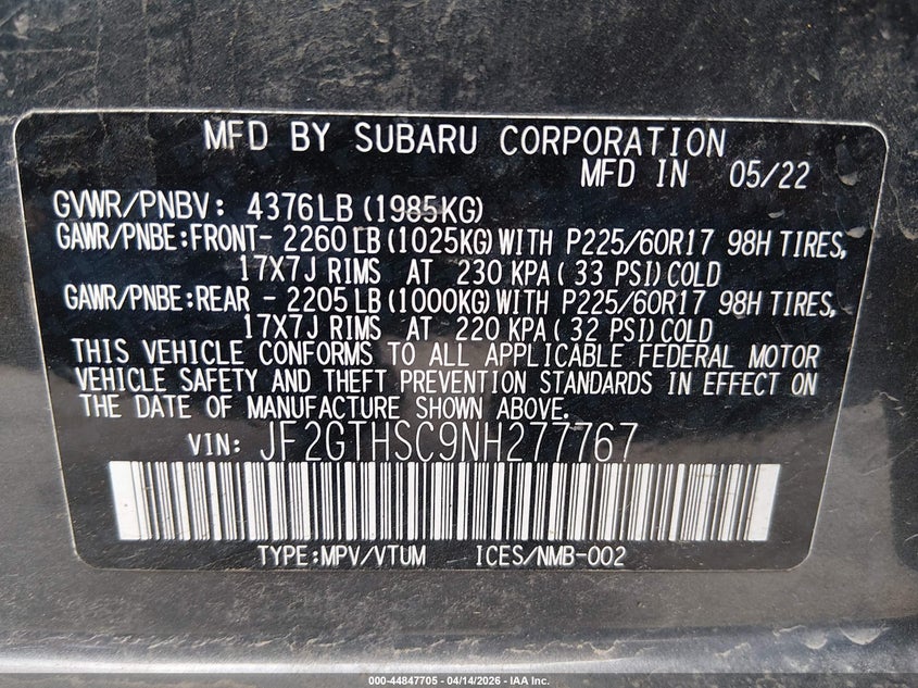 2022 Subaru Crosstrek Sport VIN: JF2GTHSC9NH277767 Lot: 44847705