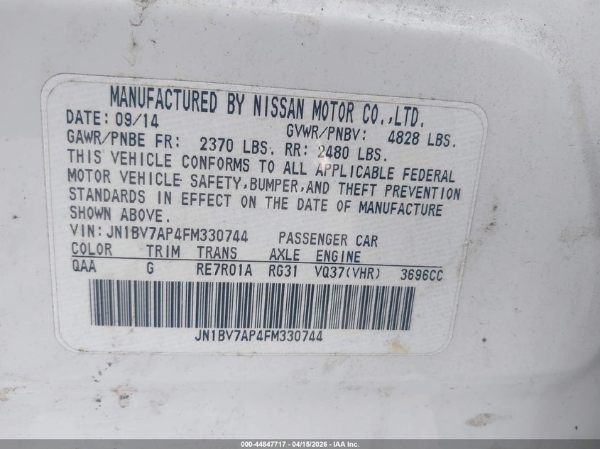 2015 Infiniti Q50 Premium VIN: JN1BV7AP4FM330744 Lot: 44847717