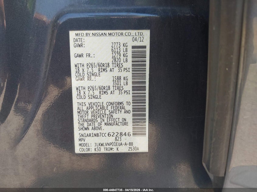 2012 Nissan Pathfinder Le VIN: 5N1AR1NB7CC622846 Lot: 44847735