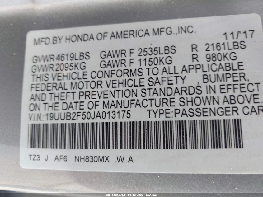 2018 Acura Tlx Tech Pkg VIN: 19UUB2F50JA013175 Lot: 44847751