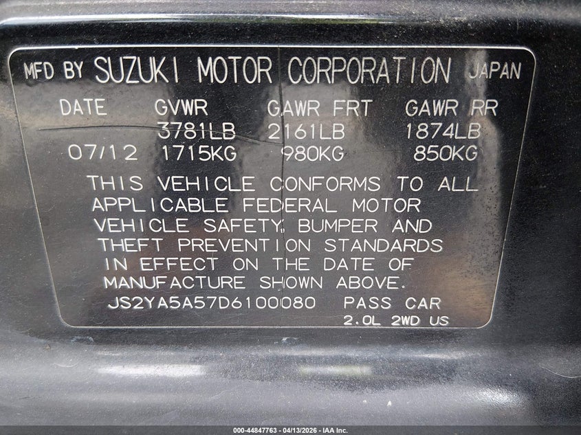 2013 Suzuki Sx4 VIN: JS2YA5A57D6100080 Lot: 44847763