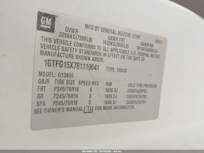 2008 GMC Savana Work Van VIN: 1GTFG15X781119641 Lot: 44847782