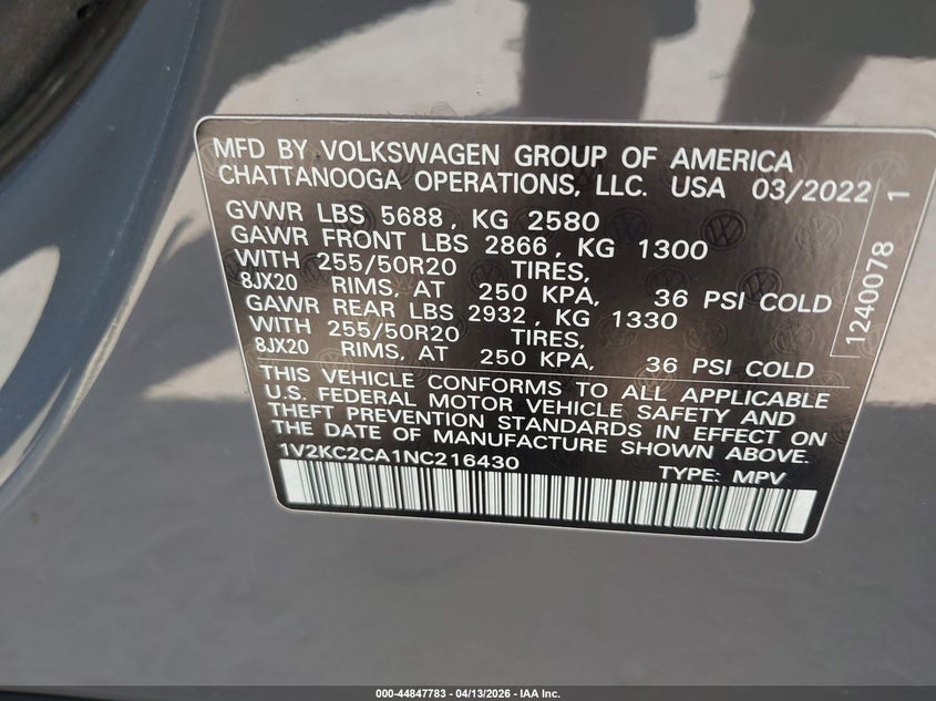 2022 Volkswagen Atlas Cross Sport 2.0T Se W/Technology VIN: 1V2KC2CA1NC216430 Lot: 44847783