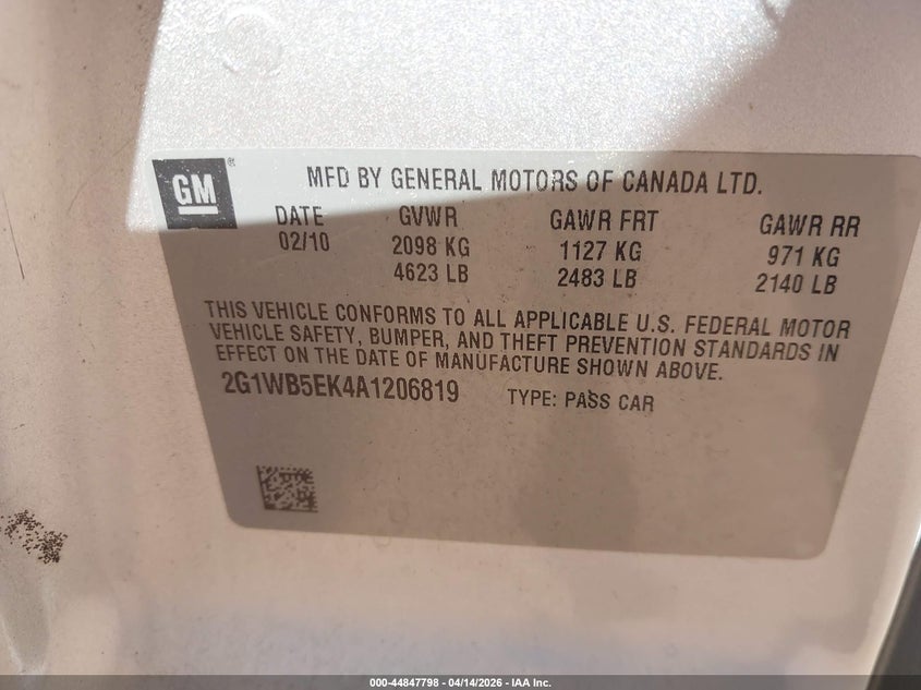 2010 Chevrolet Impala Lt VIN: 2G1WB5EK4A1206819 Lot: 44847798