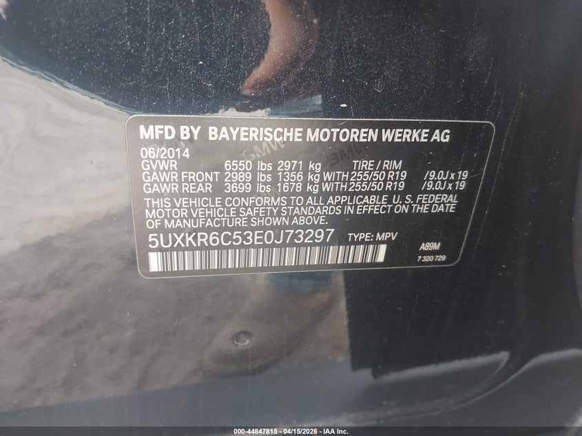 2014 BMW X5 xDrive50I VIN: 5UXKR6C53E0J73297 Lot: 44847815