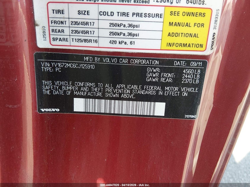 2012 Volvo C70 T5 VIN: YV1672MC6CJ125910 Lot: 44847820