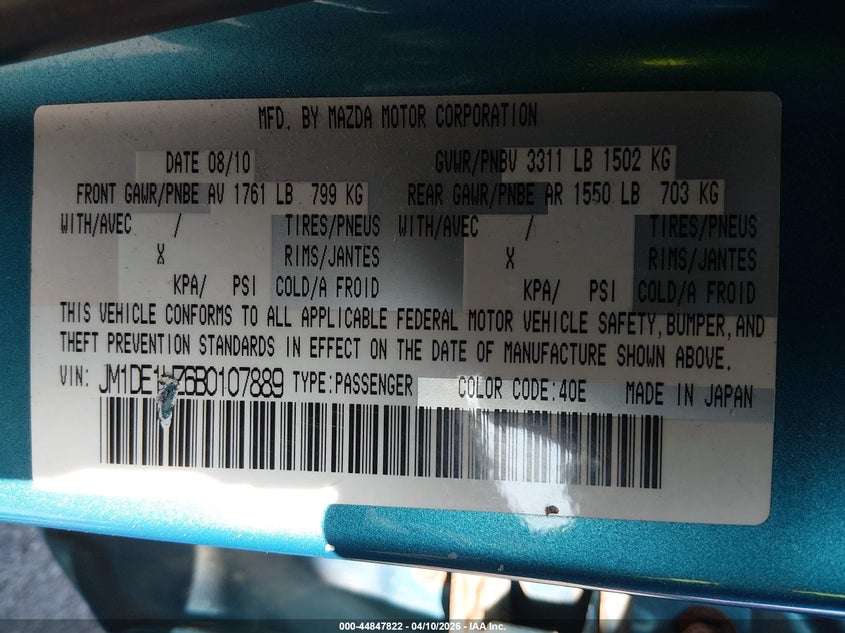 2011 Mazda Mazda2 Touring VIN: JM1DE1HZ6B0107889 Lot: 44847822