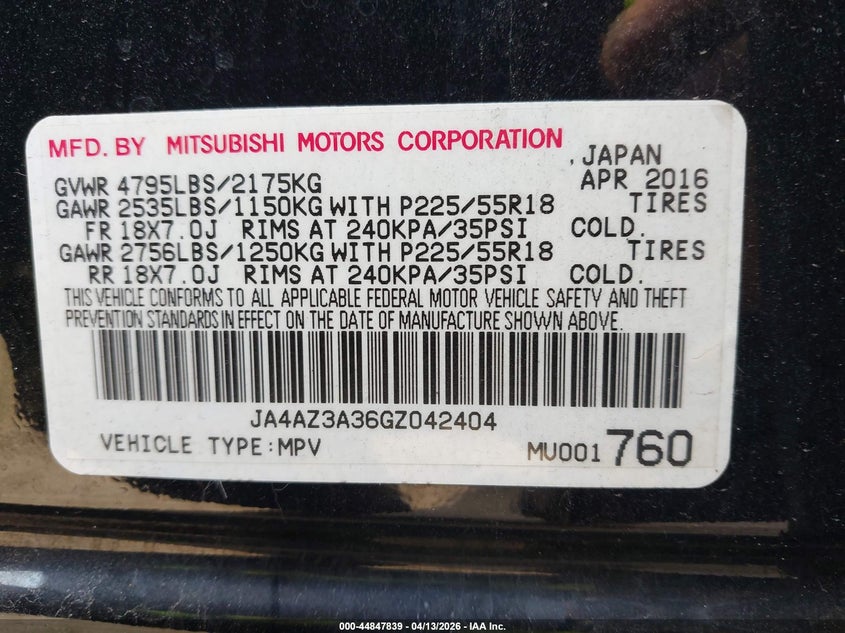 2016 Mitsubishi Outlander Sel VIN: JA4AZ3A36GZ042404 Lot: 44847839