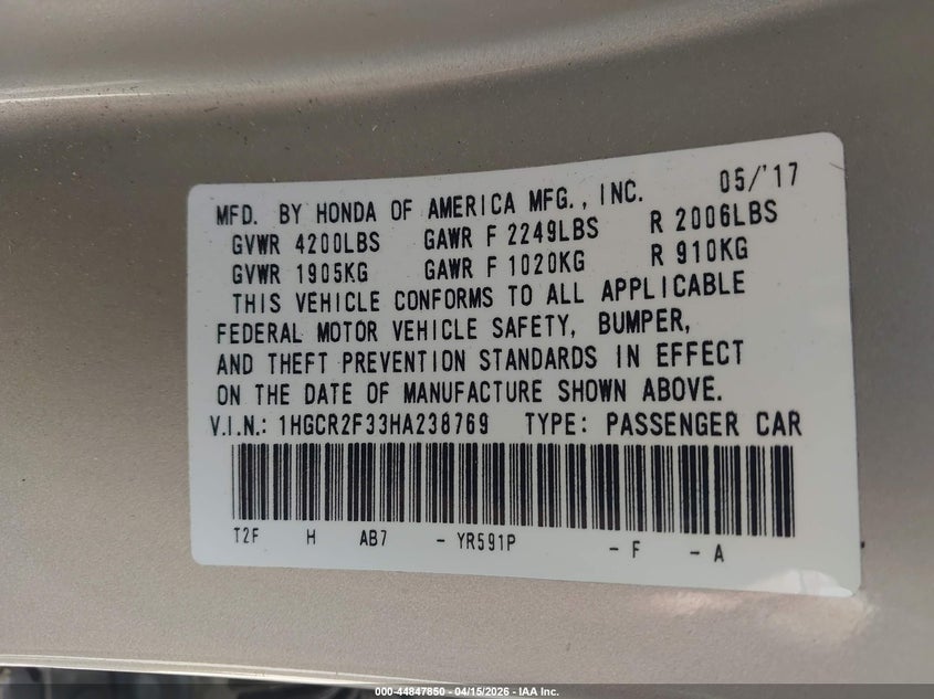 2017 Honda Accord Lx VIN: 1HGCR2F33HA238769 Lot: 44847850