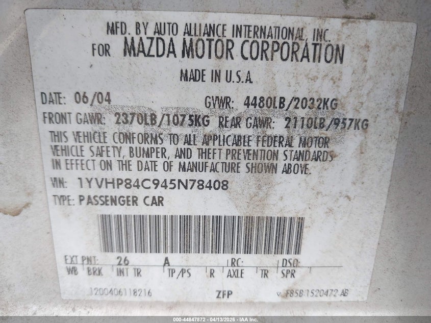 2004 Mazda Mazda6 I VIN: 1YVHP84C945N78408 Lot: 44847872