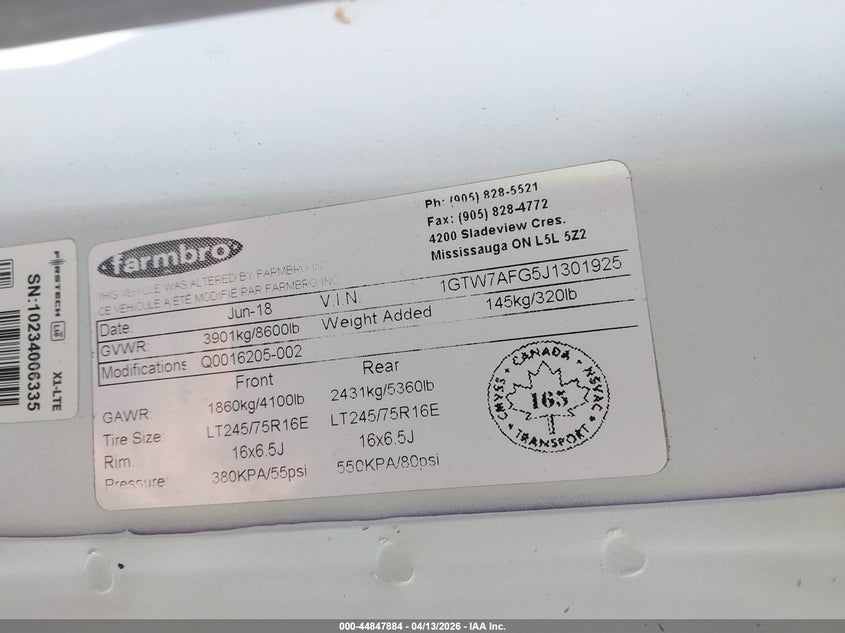 2018 GMC Savana 2500 Work Van VIN: 1GTW7AFG5J1301925 Lot: 44847884