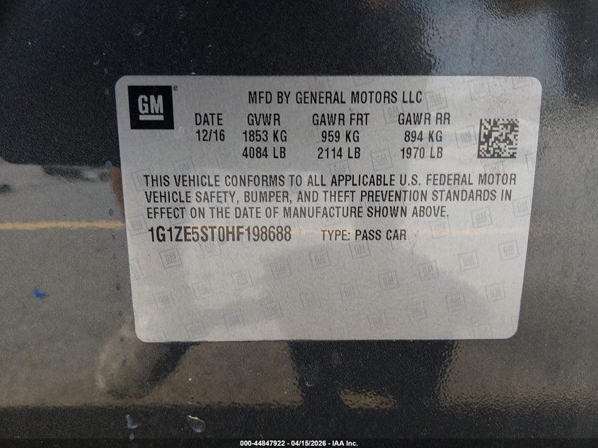 2017 Chevrolet Malibu 1Lt VIN: 1G1ZE5ST0HF198688 Lot: 44847922