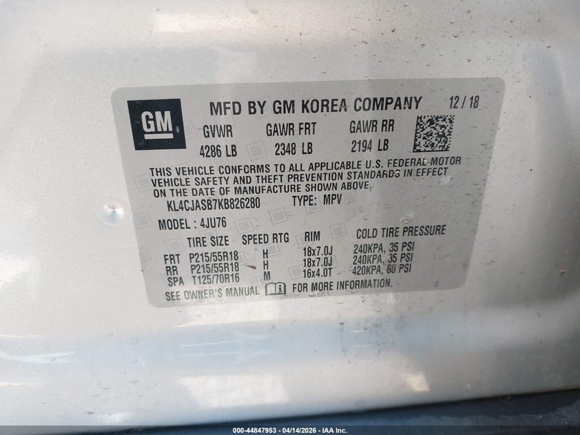 2019 Buick Encore Fwd Preferred VIN: KL4CJASB7KB826280 Lot: 44847953