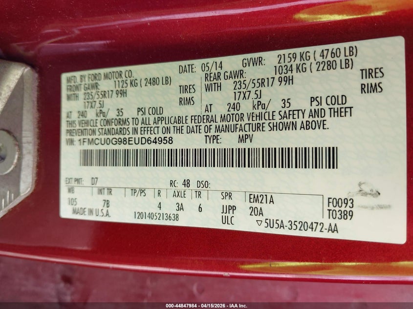 2014 Ford Escape Se VIN: 1FMCU0G98EUD64958 Lot: 44847984