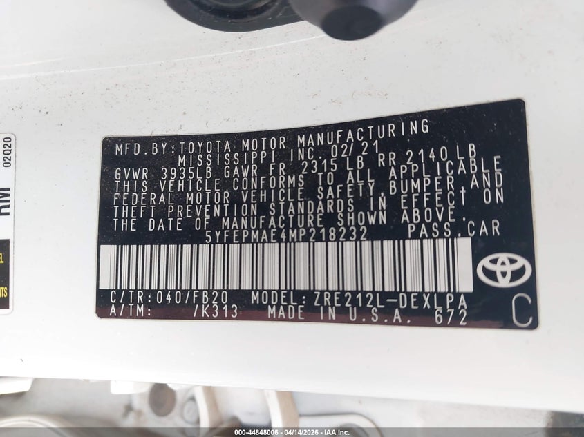 2021 Toyota Corolla 1.8 Le white Lot 111044848006 Vin 5YFEPMAE4MP218232