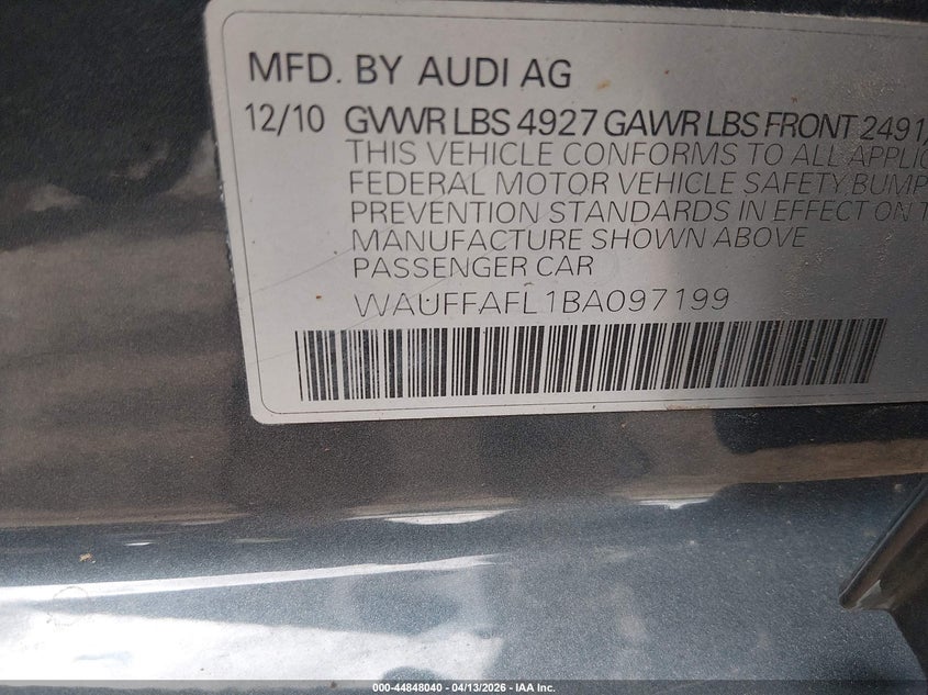 2011 Audi A4 2.0T Premium VIN: WAUFFAFL1BA097199 Lot: 44848040