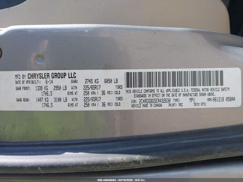 2014 Dodge Grand Caravan Se VIN: 2C4RDGBG5ER432630 Lot: 44848084