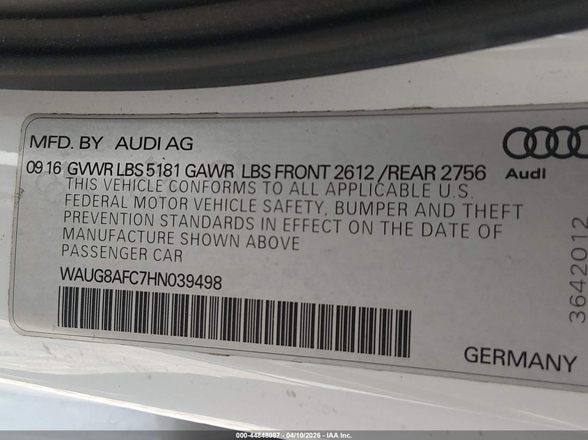 2017 Audi A6 2.0T Premium VIN: WAUG8AFC7HN039498 Lot: 44848087