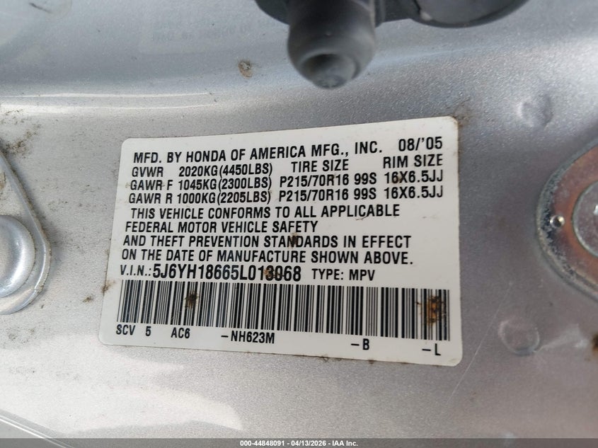 2005 Honda Element Ex VIN: 5J6YH18665L013068 Lot: 44848091