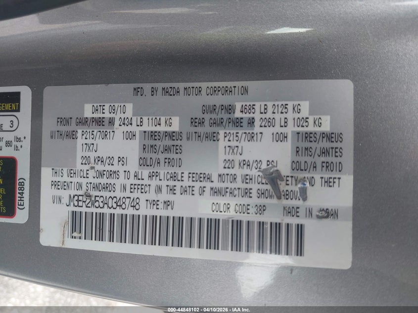 2010 Mazda Cx-7 I Sport VIN: JM3ER2W53A0348748 Lot: 44848102