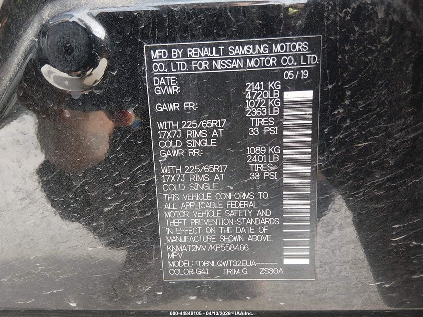 VIN KNMAT2MV7KP558466 2019 NISSAN ROGUE SV