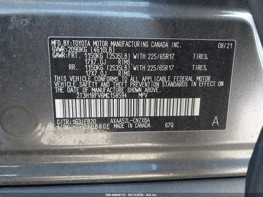 VIN 2T3H1RFV6MC158594 2021 TOYOTA RAV4 LE