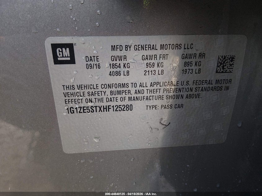 2017 Chevrolet Malibu 1Lt VIN: 1G1ZE5STXHF125280 Lot: 44848125