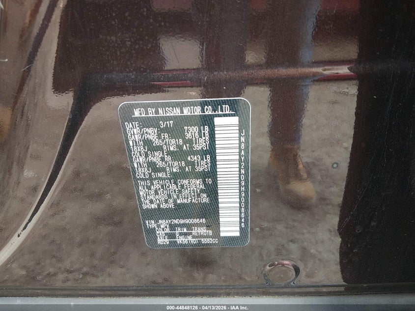 2017 Nissan Armada Sv VIN: JN8AY2ND9H9008646 Lot: 44848126