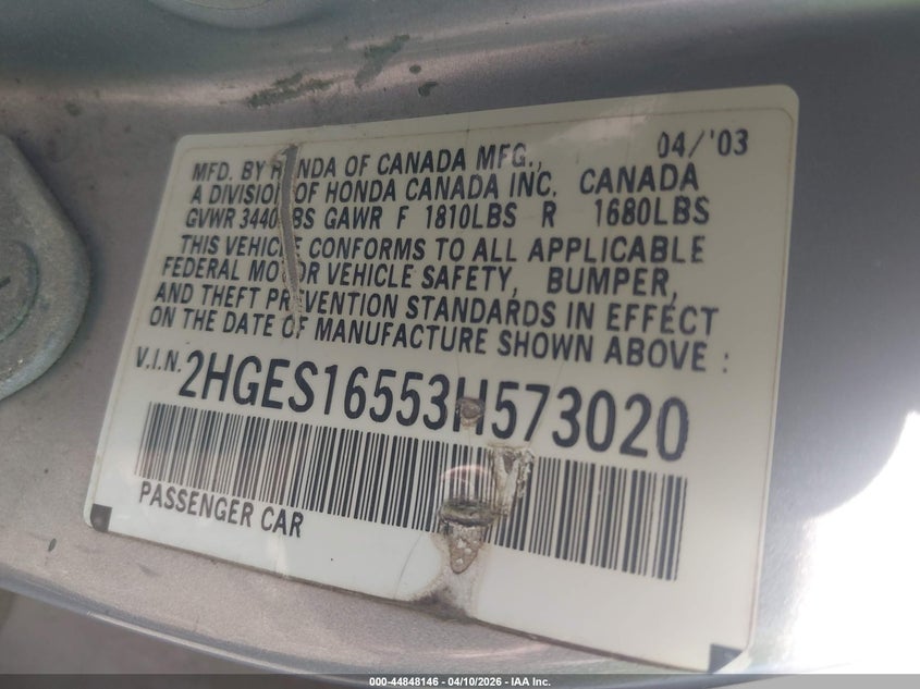 2003 Honda Civic Lx VIN: 2HGES16553H573020 Lot: 44848146