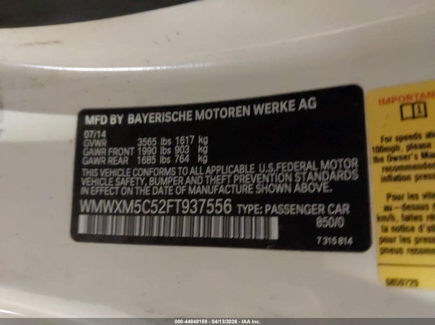 2015 Mini Hardtop Cooper VIN: WMWXM5C52FT937556 Lot: 44848159