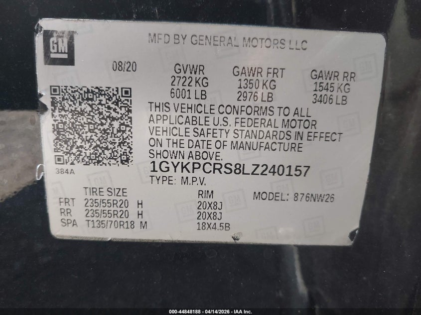 2020 Cadillac Xt6 Fwd Premium Luxury VIN: 1GYKPCRS8LZ240157 Lot: 44848188