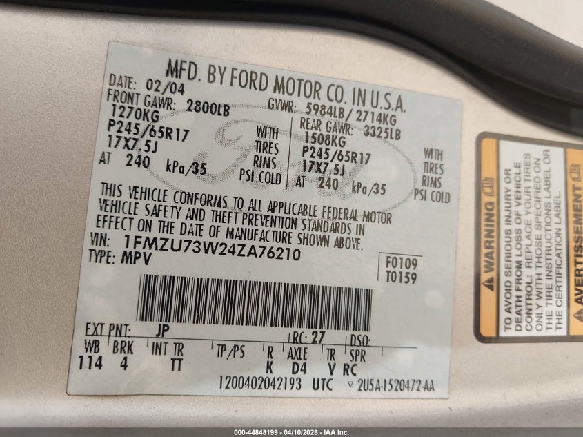 2004 Ford Explorer Nbx/Xlt VIN: 1FMZU73W24ZA76210 Lot: 44848199