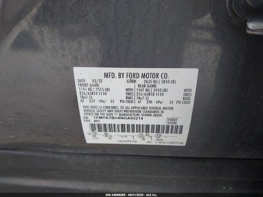 2022 FORD EXPLORER VIN: 1FMSK7BH8NGA93214
