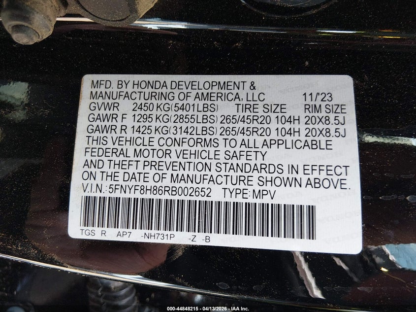 2024 Honda Passport Awd Black VIN: 5FNYF8H86RB002652 Lot: 44848215