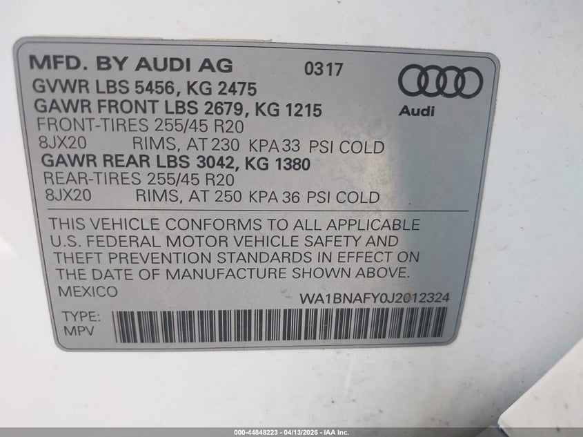 2018 Audi Q5 2.0T Premium/2.0T Tech Premium VIN: WA1BNAFY0J2012324 Lot: 44848223