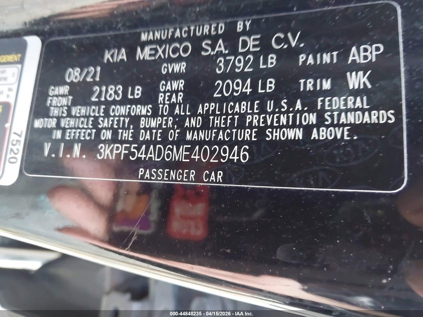 2021 Kia Forte Ex VIN: 3KPF54AD6ME402946 Lot: 44848235