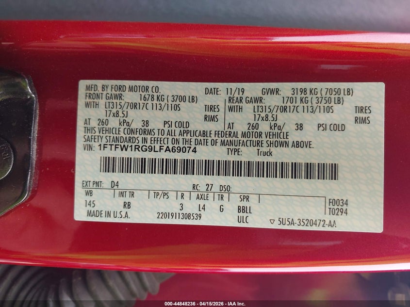 2020 Ford F-150 Raptor VIN: 1FTFW1RG9LFA69074 Lot: 44848236