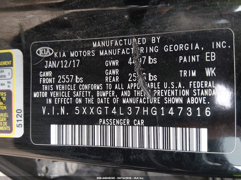 2017 Kia Optima Lx VIN: 5XXGT4L37HG147316 Lot: 44848240