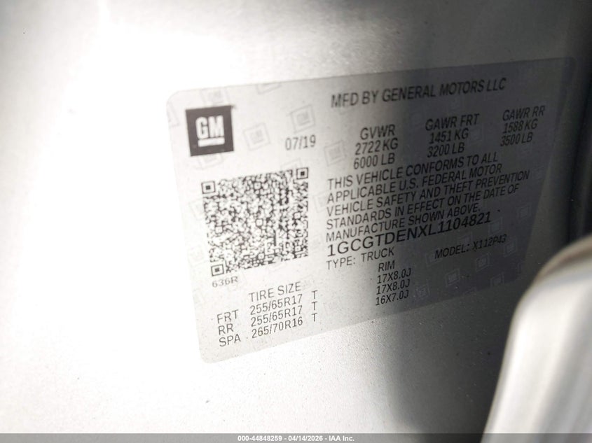 2020 Chevrolet Colorado 4Wd Short Box Z71 VIN: 1GCGTDENXL1104821 Lot: 44848259