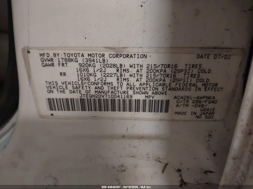 2001 Toyota Rav4 VIN: JTEGH20V710041169 Lot: 44848267