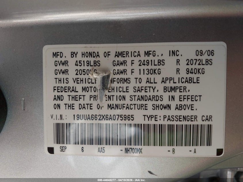 2006 Acura Tl VIN: 19UUA662X6A075965 Lot: 44848277
