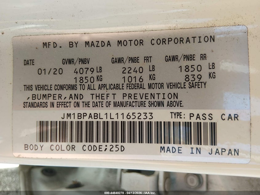 2020 Mazda Mazda3 VIN: JM1BPABL1L1165233 Lot: 44848278
