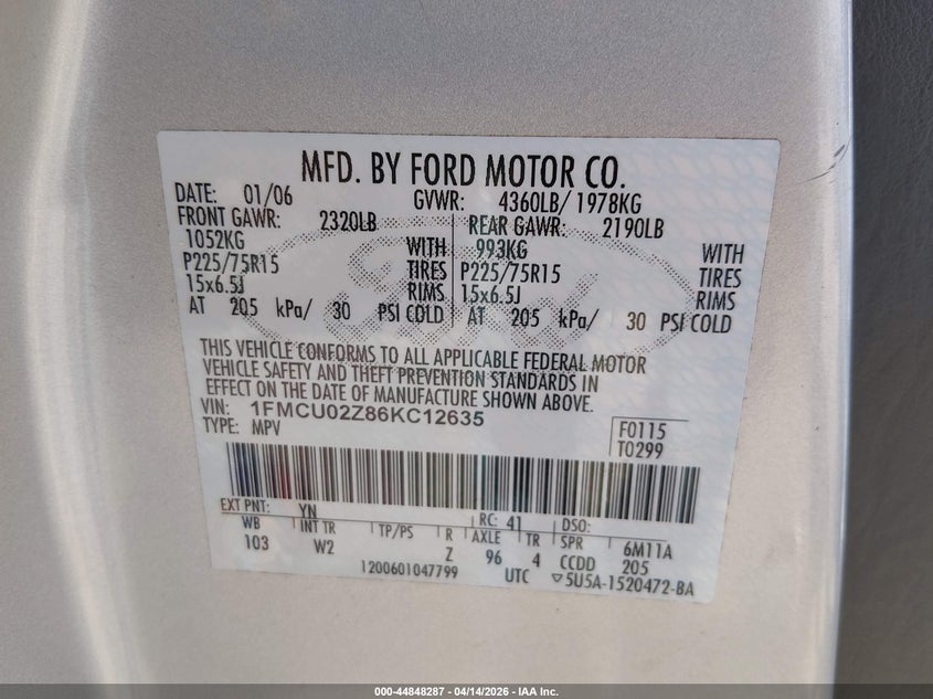 2006 Ford Escape Xls VIN: 1FMCU02Z86KC12635 Lot: 44848287