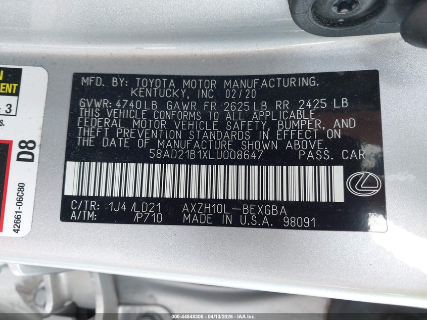 2020 Lexus Es 300H VIN: 58AD21B1XLU008647 Lot: 44848308