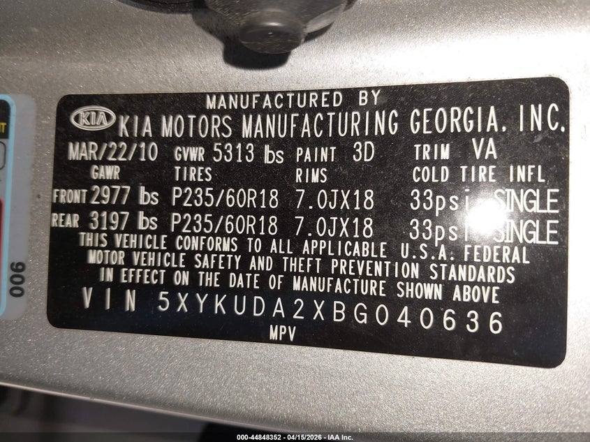 2011 Kia Sorento Ex V6 VIN: 5XYKUDA2XBG040636 Lot: 44848352