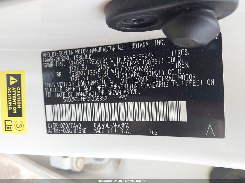 2012 Toyota Highlander Base V6 VIN: 5TDZK3EH5CS069883 Lot: 44848372