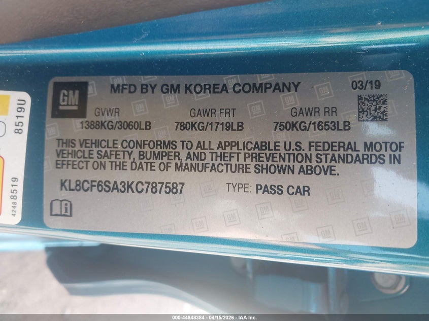 2019 Chevrolet Spark 2Lt Cvt VIN: KL8CF6SA3KC787587 Lot: 44848384