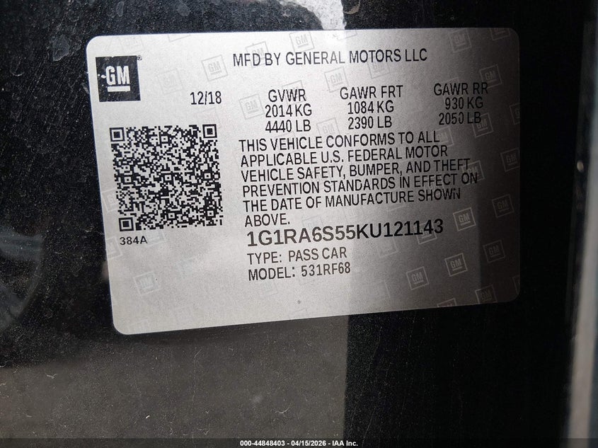 2019 Chevrolet Volt Lt VIN: 1G1RA6S55KU121143 Lot: 44848403