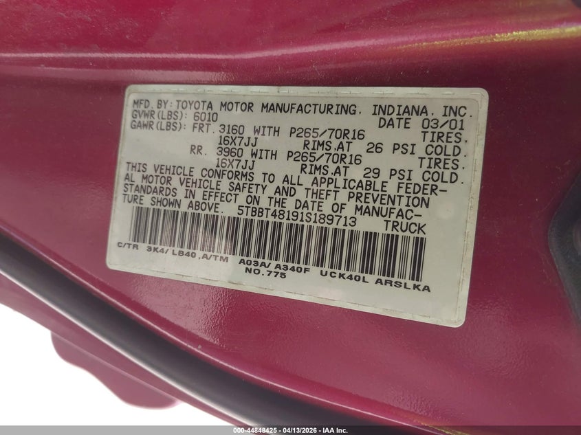 2001 Toyota Tundra Ltd V8 VIN: 5TBBT48191S189713 Lot: 44848425