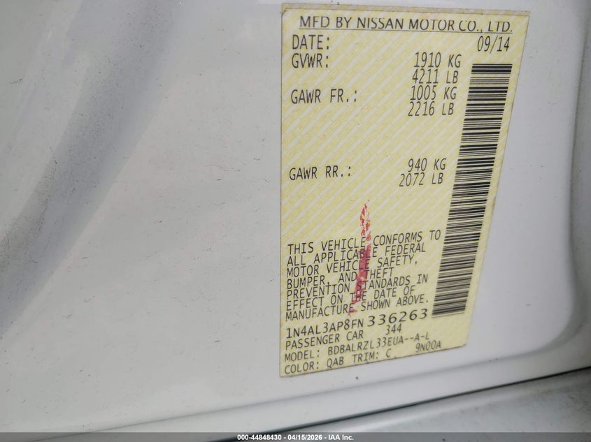 2015 Nissan Altima 2.5 Sl VIN: 1N4AL3AP8FN336263 Lot: 44848430